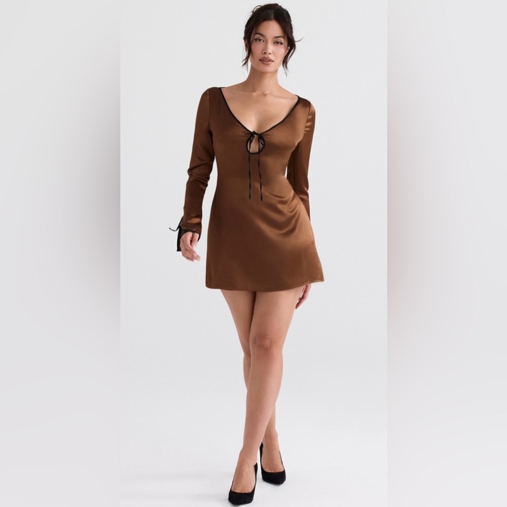 House Of CB Sakina Fluted Sleeves Slim Fit Bows Satin Mini Dress Copper Size M